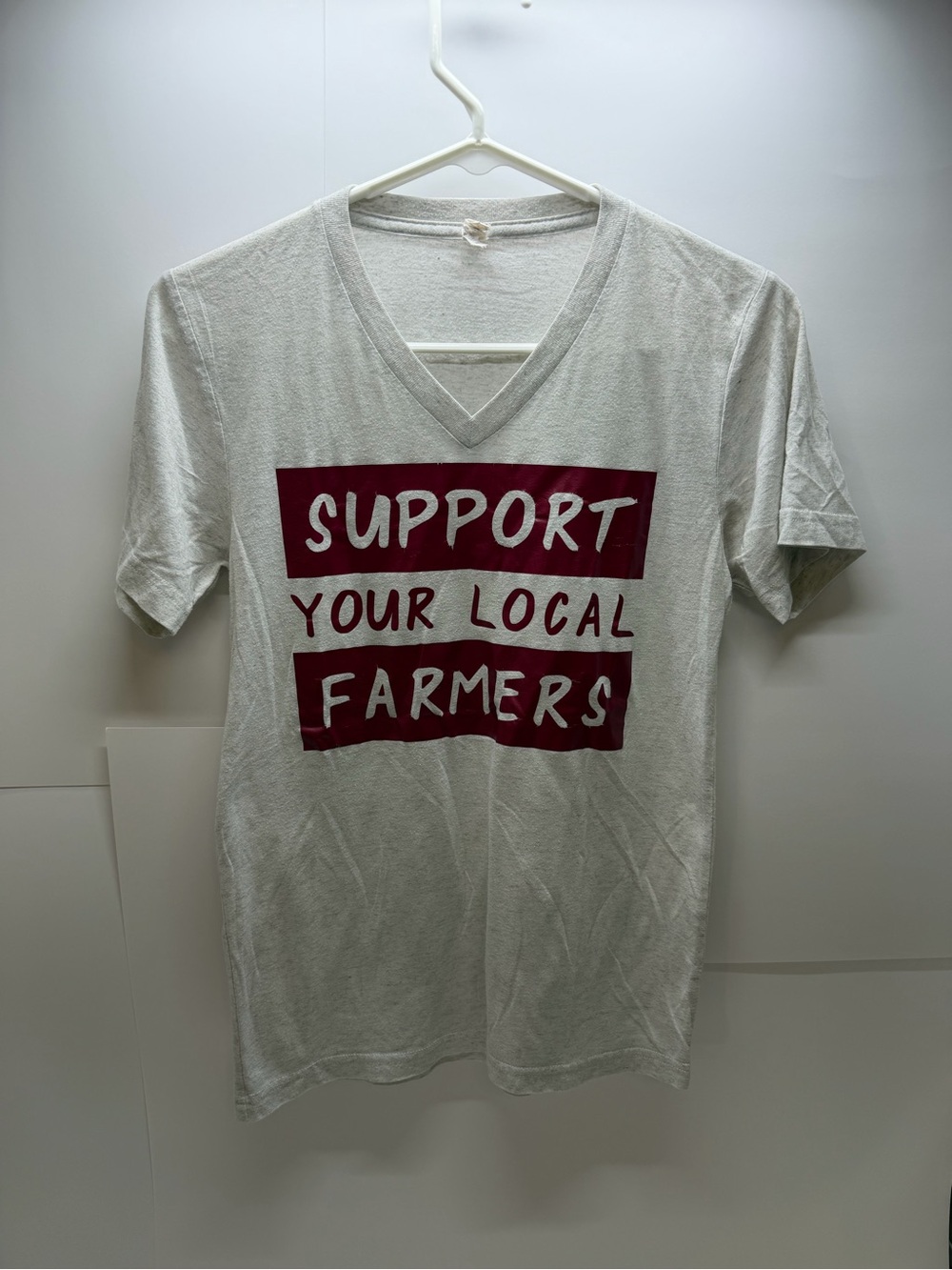 Support Your Local Farmers V-Neck Tee - White with Burgundy Print